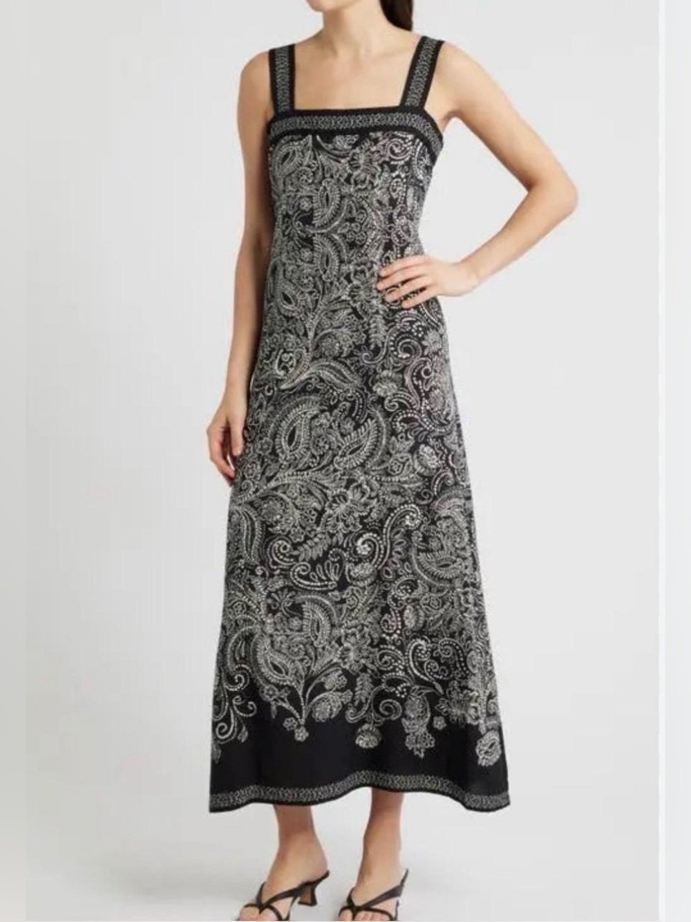 Vince Camuto Black Paisley Maxi Dress with Square Neck